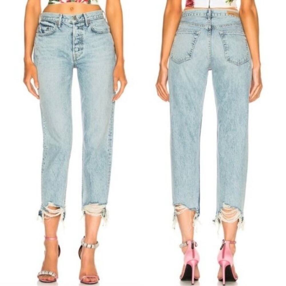 GRLFRND Helena High Rise Chew Hem Straight Leg Jeans in Hold On sz 29 Light Blue